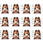 shetland sheepdog, mugshot lineup, police lineup, orange fur, white chest, black markings, brown eyes, measuring tape, height chart, repeating pattern,, fabric panel, dog breeds, playful design, humorous theme, cartoon style, pet motif, novelty print, crafting material, sewing fabric