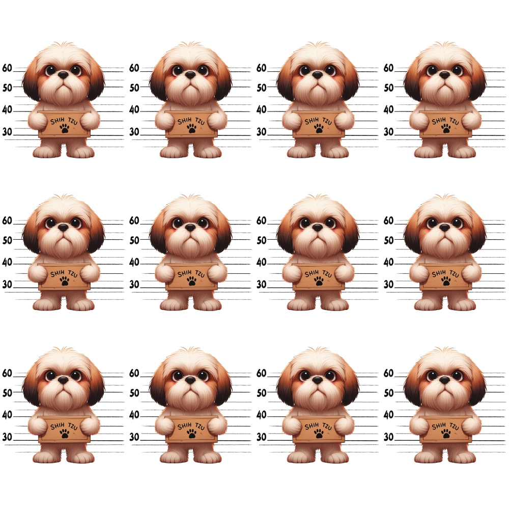 shih tzu, dog breeds, mugshot lineup, police lineup, height chart, cream colored, tan fur, brown accents, black eyes,, fabric panel, cartoon style, playful design, pet themed, repeated pattern, measurement marks, cute dogs, whimsical artwork, novelty print, sewing material
