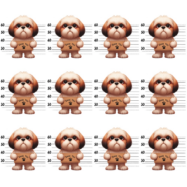 shih tzu, dog breeds, mugshot lineup, police lineup, height chart, cream colored, tan fur, brown accents, black eyes,, fabric panel, cartoon style, playful design, pet themed, repeated pattern, measurement marks, cute dogs, whimsical artwork, novelty print, sewing material