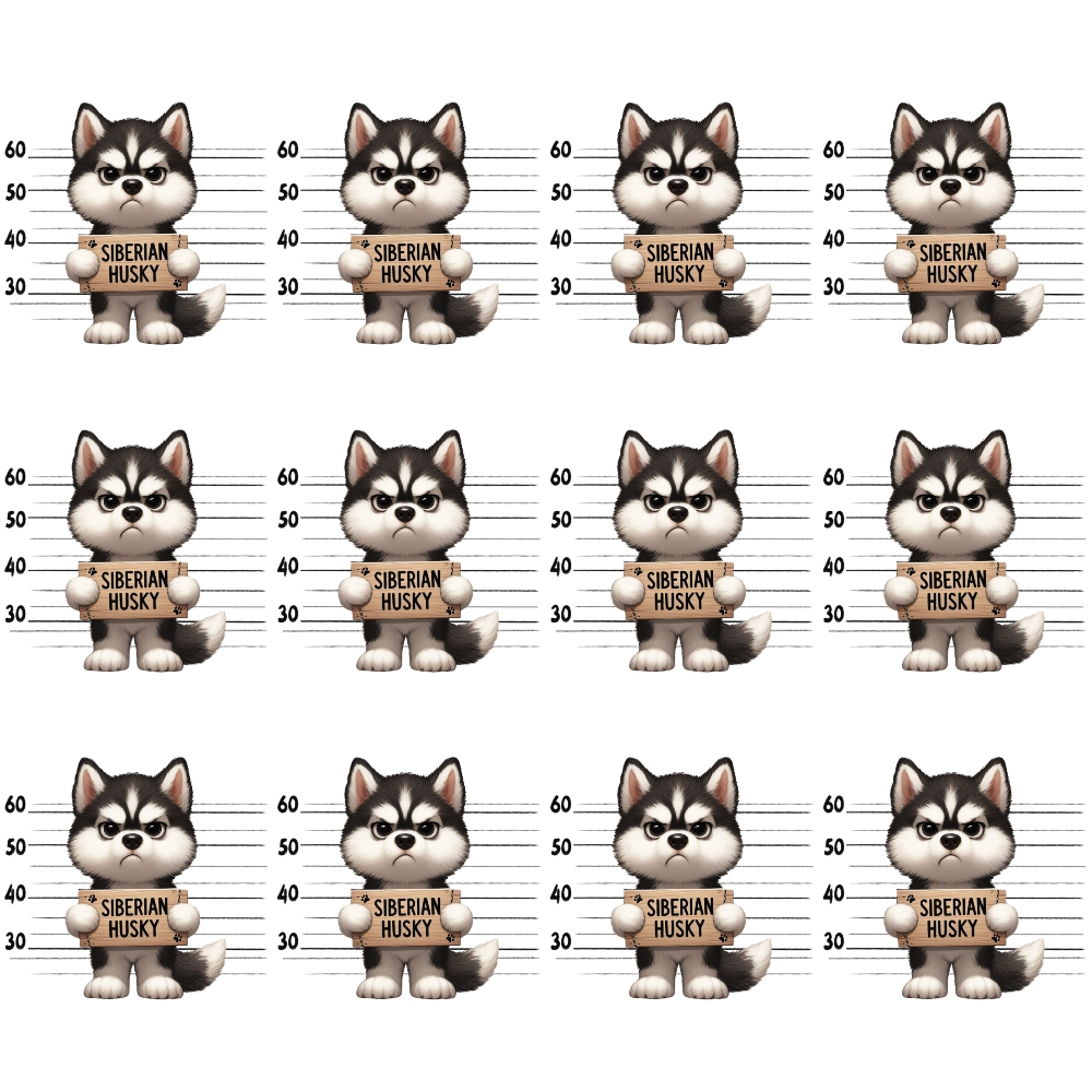 mugshot lineup, siberian husky, dog breeds, police lineup, height chart, black and white, gray tones, cream colored, repeating pattern, cartoon style, cute dogs,, fabric panel, playful design, pet themed, humorous concept, measurement lines, animal portraits, craft fabric, sewing material