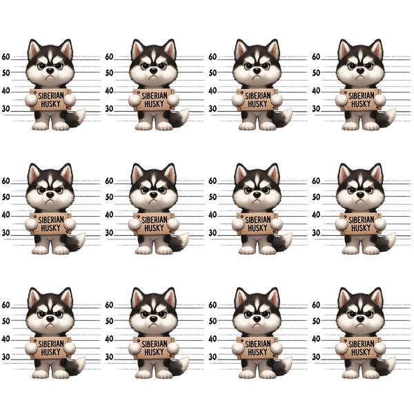 mugshot lineup, siberian husky, dog breeds, police lineup, height chart, black and white, gray tones, cream colored, repeating pattern, cartoon style, cute dogs,, fabric panel, playful design, pet themed, humorous concept, measurement lines, animal portraits, craft fabric, sewing material
