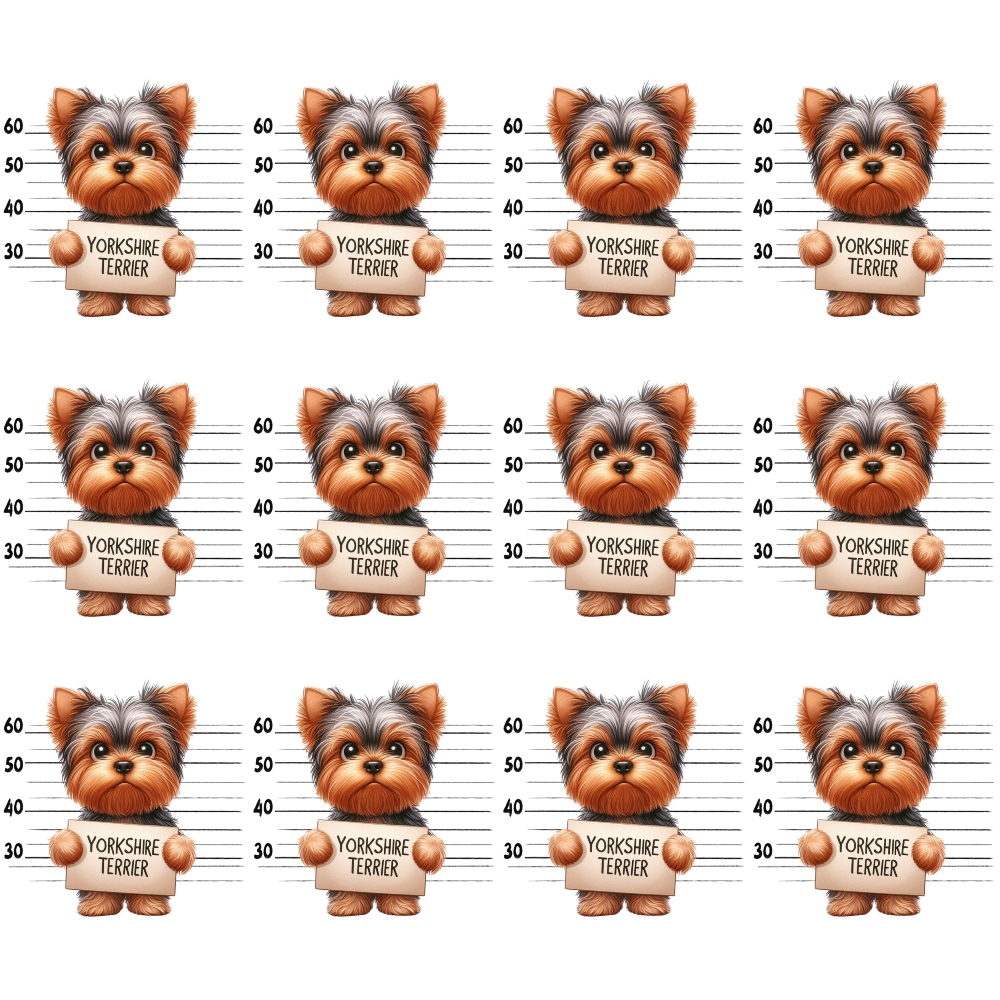 yorkshire terrier, dog mugshots, police lineup, tan brown, orange brown, gray silver, white background, measuring tape, height chart, cartoon style, playful design, novelty print,, fabric panel, dog breeds, pet themed, humorous pattern, repeating motif, craft fabric, sewing material