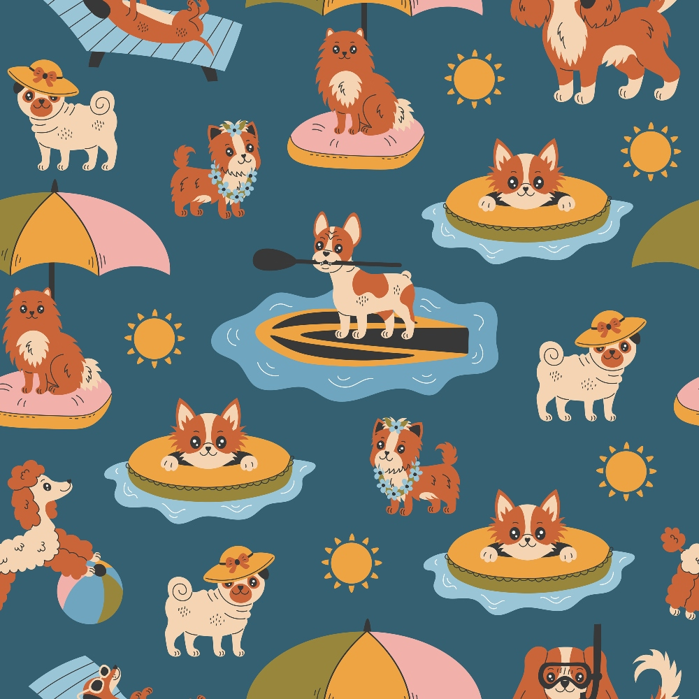 teal blue, orange, pink, yellow, dogs, beach theme, summer vacation, pug, corgi, pomeranian, swimming pool, float rings, paddleboard, beach umbrella, sun motifs, hawaiian lei, sunhat, playful cartoon style,, fabric panel, whimsical illustration, pet theme, water activities