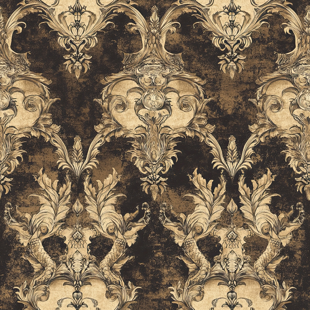 sepia, brown, beige, ornate damask, baroque pattern, decorative scrollwork, vintage floral, elaborate filigree, symmetrical design, repeating motifs,, fabric panel, aged texture, distressed finish, royal aesthetic, intricate detailing, antique style, luxurious pattern, gothic elements