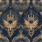 navy blue, gold, dragons, crowns, wings, royal heraldry, ornate pattern, baroque style, majestic,, fabric panel, metallic accents, mythical creatures, regal motifs, damask design, luxurious, decorative scrollwork, imperial, fantasy theme