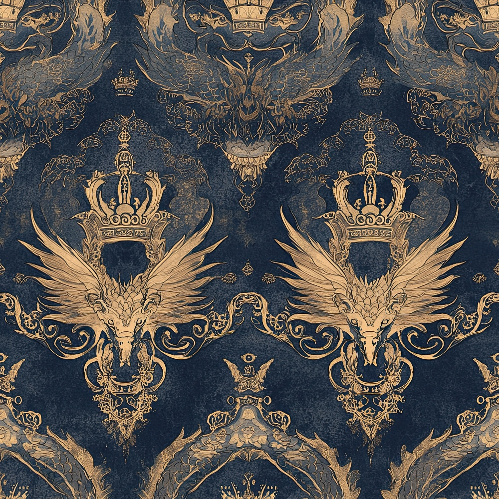 navy blue, gold, dragons, crowns, wings, royal heraldry, ornate pattern, baroque style, majestic,, fabric panel, metallic accents, mythical creatures, regal motifs, damask design, luxurious, decorative scrollwork, imperial, fantasy theme