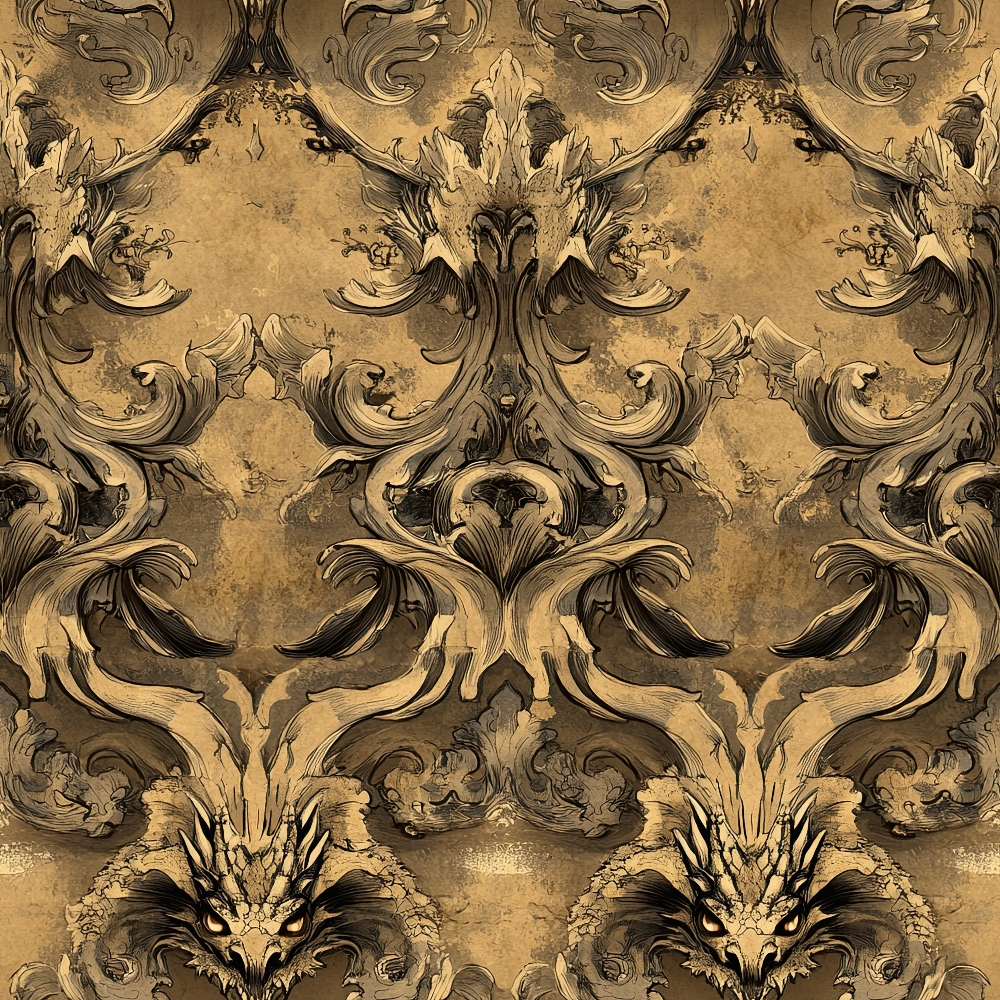 sepia, golden brown, bronze, antique gold, dragons, mythical creatures, ornate scrollwork, baroque pattern, damask design, vintage aesthetic, aged parchment, decorative flourishes, gothic elements, regal motifs,, fabric panel, symmetrical design, fantasy theme, medieval style, intricate details