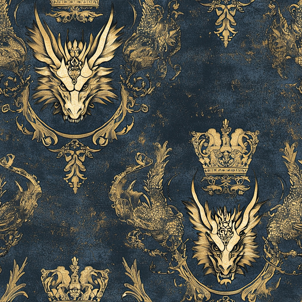 navy blue, gold, dragons, crowns, royal crest, ornate scrollwork, vintage damask, mythical creatures, regal pattern,, fabric panel, baroque style, heraldic design, majestic, antique finish, decorative motifs, fantasy theme, luxurious, medieval inspired