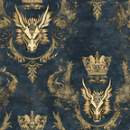navy blue, gold, dragons, crowns, royal crest, ornate scrollwork, vintage damask, mythical creatures, regal pattern,, fabric panel, baroque style, heraldic design, majestic, antique finish, decorative motifs, fantasy theme, luxurious, medieval inspired