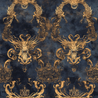 navy blue, golden yellow, dragons, mythical creatures, ornate scrollwork, baroque pattern, decorative motifs,, fabric panel, intricate details, serpentine design, medieval style, gothic elements, repeating pattern, luxurious appearance, fantastical beasts, elaborate ornamentation, regal motifs