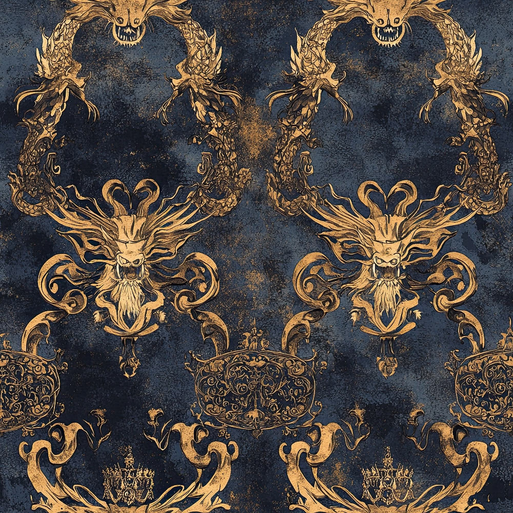 navy blue, golden yellow, dragons, mythical creatures, ornate scrollwork, baroque pattern, decorative motifs,, fabric panel, intricate details, serpentine design, medieval style, gothic elements, repeating pattern, luxurious appearance, fantastical beasts, elaborate ornamentation, regal motifs