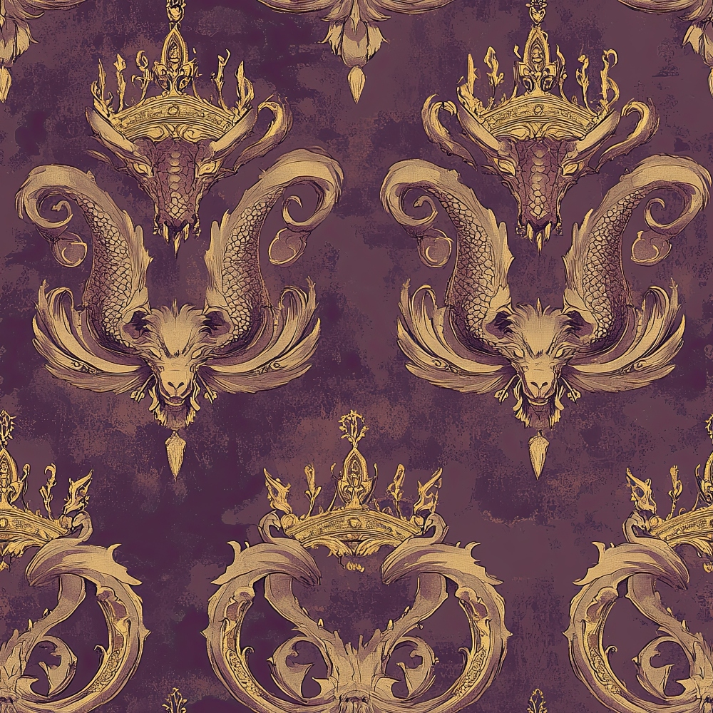 burgundy, gold, purple, dragons, serpents, crowns, royal motifs, ornate pattern, mythical creatures, scales, baroque style, regal design, reptilian, decorative swirls, majestic, fantasy theme,, fabric panel, repeating pattern, luxurious