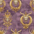 purple background, gold dragons, royal crown, heraldic design, medieval motifs, ornate pattern, majestic creatures, regal symbols, vintage texture, decorative flourishes,, fabric panel, fantasy theme, baroque style, serpentine dragons, circular medallions, distressed finish, luxurious aesthetic