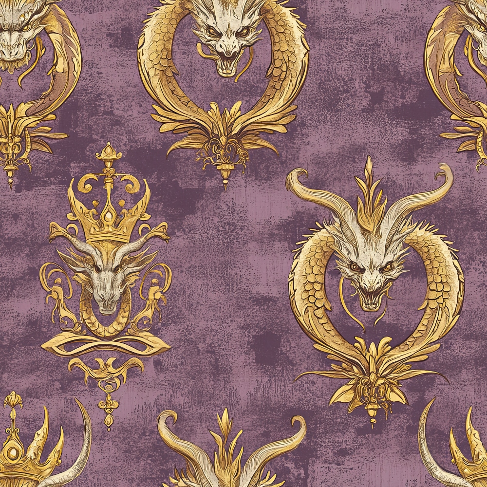 purple background, gold dragons, royal crown, heraldic design, medieval motifs, ornate pattern, majestic creatures, regal symbols, vintage texture, decorative flourishes,, fabric panel, fantasy theme, baroque style, serpentine dragons, circular medallions, distressed finish, luxurious aesthetic