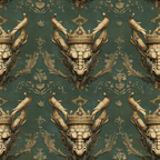 dragon pattern, crowned dragons, sage green, teal background, gold accents, cream colored, royal crowns, fantasy creatures, ornate design, baroque style, decorative flourishes, medieval inspired, regal motifs,, fabric panel, mythical beasts, heraldic design, vintage style, gothic elements, repeating pattern