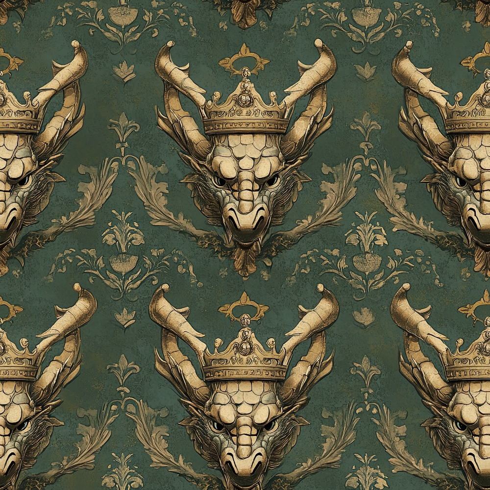 dragon pattern, crowned dragons, sage green, teal background, gold accents, cream colored, royal crowns, fantasy creatures, ornate design, baroque style, decorative flourishes, medieval inspired, regal motifs,, fabric panel, mythical beasts, heraldic design, vintage style, gothic elements, repeating pattern