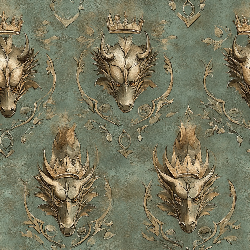sage green, gold, bronze, dragon heads, crowns, royal motif, ornate scrollwork, heraldic design, medieval fantasy, regal pattern,, fabric panel, mythical creatures, decorative flourishes, vintage style, gothic elements, repeating pattern, antique finish, majestic theme