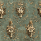 sage green, gold, bronze, dragon heads, crowns, royal motif, ornate scrollwork, heraldic design, medieval fantasy, regal pattern,, fabric panel, mythical creatures, decorative flourishes, vintage style, gothic elements, repeating pattern, antique finish, majestic theme