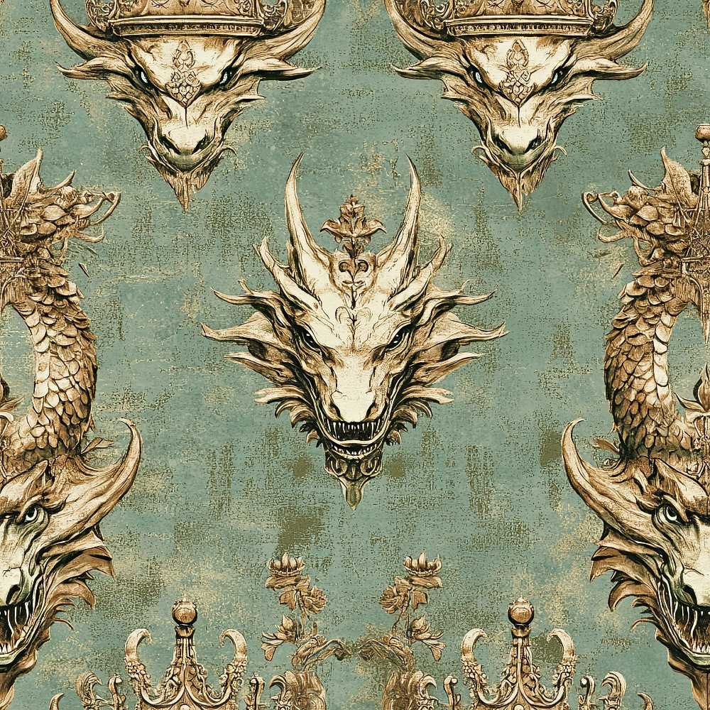 sage green, antique gold, dragon heads, ornate crowns, mythical creatures, vintage wallpaper, decorative motifs,, fabric panel, fantasy theme, regal design, distressed texture, symmetrical pattern, baroque style, gothic elements, reptilian scales, horned dragons, royal insignia, aged patina, mystical artwork