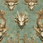 sage green, antique gold, dragon heads, ornate crowns, mythical creatures, vintage wallpaper, decorative motifs,, fabric panel, fantasy theme, regal design, distressed texture, symmetrical pattern, baroque style, gothic elements, reptilian scales, horned dragons, royal insignia, aged patina, mystical artwork
