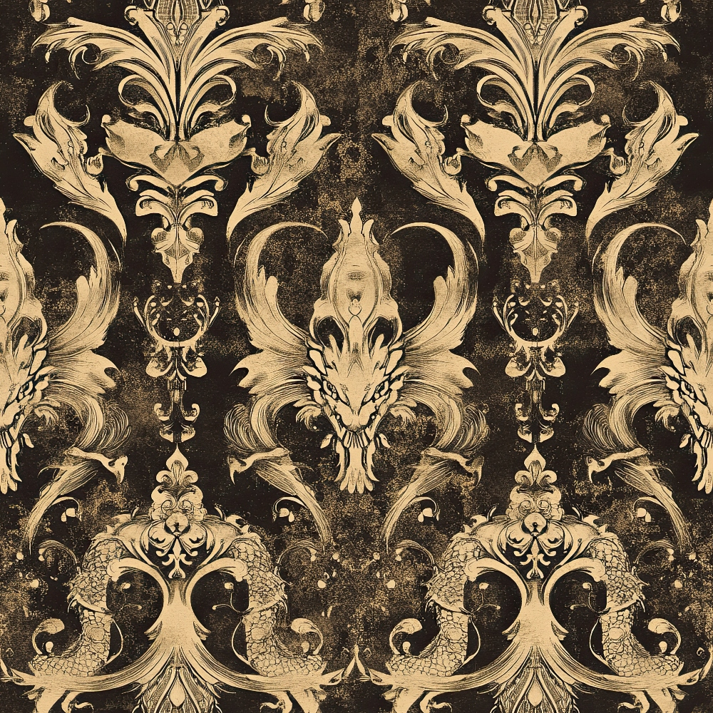 dark brown, cream, gold, baroque pattern, ornate scrollwork, dragon motifs, mythical creatures, damask design, vintage style, distressed texture, gothic elements, regal motifs, symmetrical pattern,, fabric panel, decorative flourishes, antique finish, serpentine forms, medieval inspired, luxurious appearance