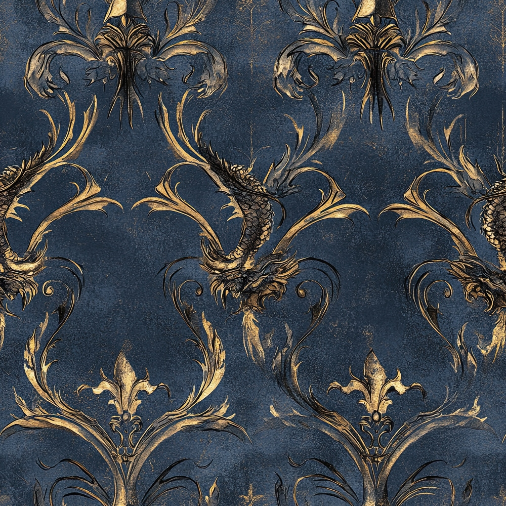 navy blue, gold, dragons, damask pattern, ornate scrollwork, mythical creatures, baroque style, vintage wallpaper,, fabric panel, decorative motifs, royal blue, antique gold, serpentine dragons, floral flourishes, regal pattern, gothic elements, medieval inspired, luxurious design, repetitive pattern