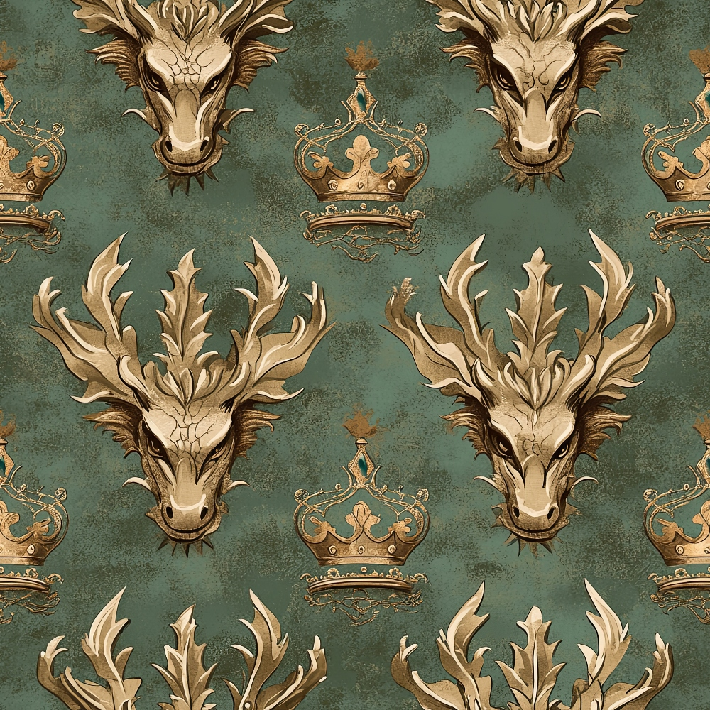 sage green, gold, bronze, dragon heads, ornate crowns, royal pattern, antler motifs, mythical creatures, vintage style, repeating design,, fabric panel, regal theme, fantasy elements, decorative scrollwork, medieval inspired, heraldic symbols, majestic beasts, baroque ornaments, textured background