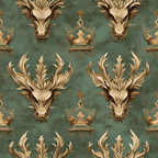 sage green, gold, bronze, dragon heads, ornate crowns, royal pattern, antler motifs, mythical creatures, vintage style, repeating design,, fabric panel, regal theme, fantasy elements, decorative scrollwork, medieval inspired, heraldic symbols, majestic beasts, baroque ornaments, textured background