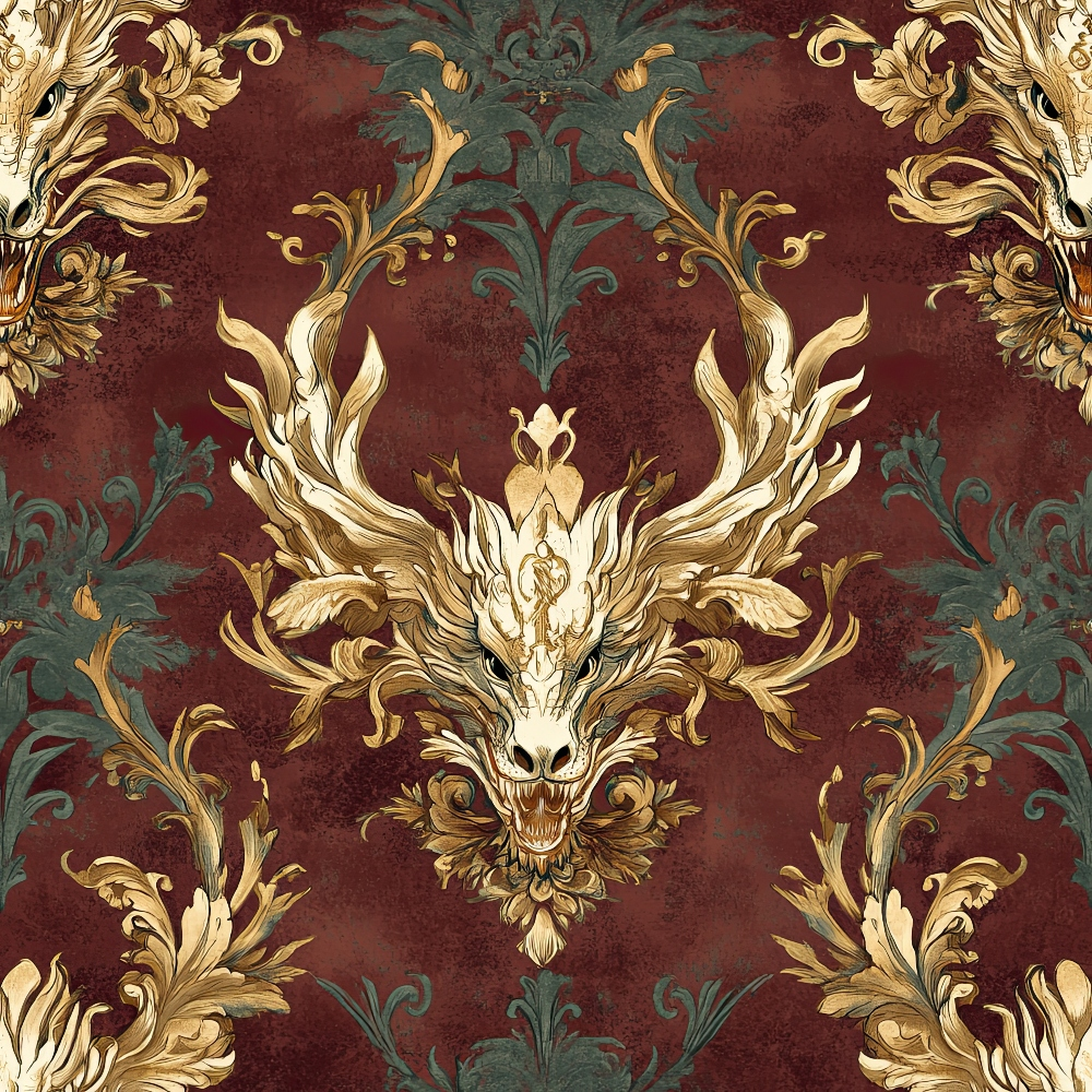 burgundy, maroon, gold, teal, dragon head, ornate scrollwork, baroque style, damask pattern, mythical creature, decorative flourishes,, fabric panel, gothic elegance, symmetrical design, royal motif, dark fantasy, intricate details, metallic accents, renaissance inspired