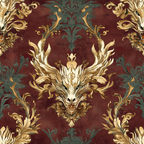 burgundy, maroon, gold, teal, dragon head, ornate scrollwork, baroque style, damask pattern, mythical creature, decorative flourishes,, fabric panel, gothic elegance, symmetrical design, royal motif, dark fantasy, intricate details, metallic accents, renaissance inspired