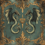 sage green, antique gold, dragons, winged serpents, ornate crown, baroque scrollwork, decorative flourishes, mythical creatures, regal imagery, vintage patina, weathered texture, symmetrical design, fantasy motif,, fabric panel, medieval style, heraldic elements, royal symbolism, ornamental border