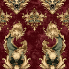 burgundy, maroon, gold, cream, teal, dragons, mythical creatures, ornate scrollwork, baroque pattern, damask style, heraldic motifs, fantasy beasts, decorative flourishes,, fabric panel, gothic atmosphere, regal design, repeating pattern, vintage inspired, luxurious texture