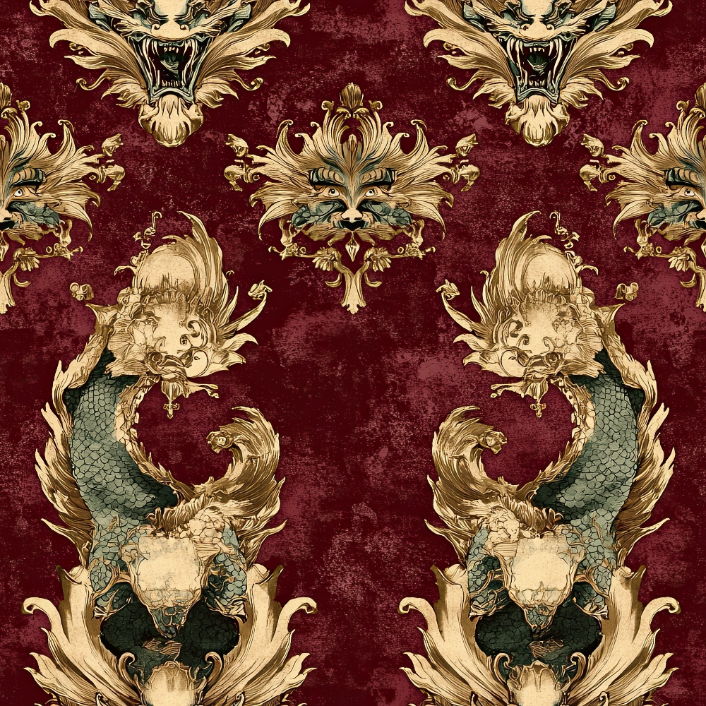 burgundy, maroon, gold, cream, teal, dragons, mythical creatures, ornate scrollwork, baroque pattern, damask style, heraldic motifs, fantasy beasts, decorative flourishes,, fabric panel, gothic atmosphere, regal design, repeating pattern, vintage inspired, luxurious texture