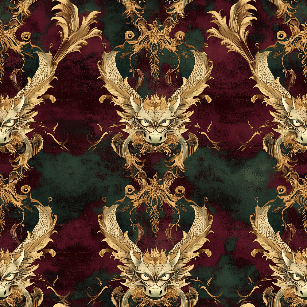burgundy, forest green, golden yellow, ornate dragons, baroque flourishes, mythical creatures, regal pattern, decorative scrollwork, fantasy motif,, fabric panel, luxurious design, medieval style, heraldic elements, rich jewel tones, ornamental swirls, dragon heads, elaborate detailing, gothic atmosphere, seamless repeat