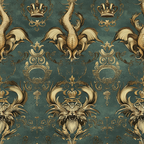 teal background, gold dragons, ornate crowns, baroque pattern, winged creatures, royal motifs, decorative scrollwork, vintage damask, mythical beasts,, fabric panel, elaborate ornaments, heraldic design, fantasy creatures, intricate details, regal styling, antique finish, repeating pattern, luxurious appearance