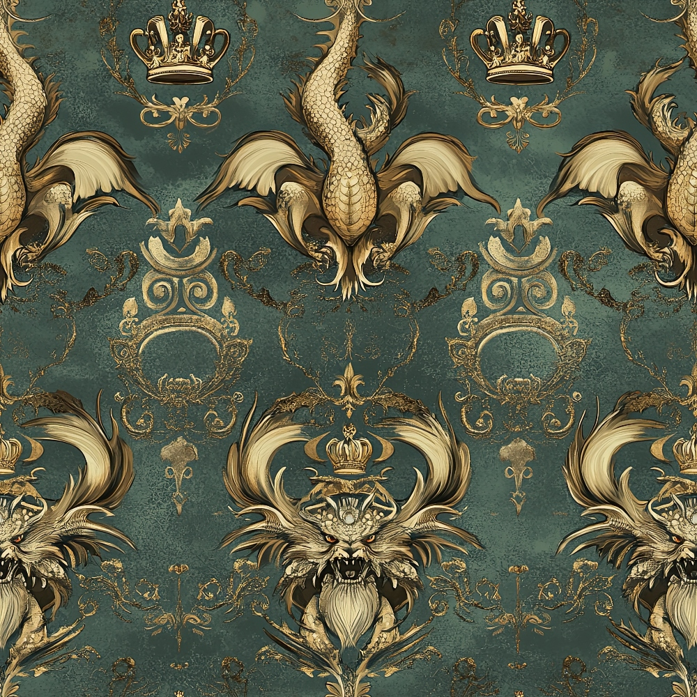 teal background, gold dragons, ornate crowns, baroque pattern, winged creatures, royal motifs, decorative scrollwork, vintage damask, mythical beasts,, fabric panel, elaborate ornaments, heraldic design, fantasy creatures, intricate details, regal styling, antique finish, repeating pattern, luxurious appearance