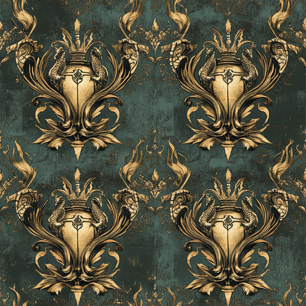 teal background, gold metallic, ornate dragons, baroque pattern, regal motifs, decorative urns, flowing scrollwork, vintage style,, fabric panel, serpentine creatures, antique finish, elaborate crowns, gothic elements, damask design, rich textures, mythical beasts, ornamental flames, luxurious pattern, distressed appearance