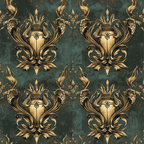 teal background, gold metallic, ornate dragons, baroque pattern, regal motifs, decorative urns, flowing scrollwork, vintage style,, fabric panel, serpentine creatures, antique finish, elaborate crowns, gothic elements, damask design, rich textures, mythical beasts, ornamental flames, luxurious pattern, distressed appearance