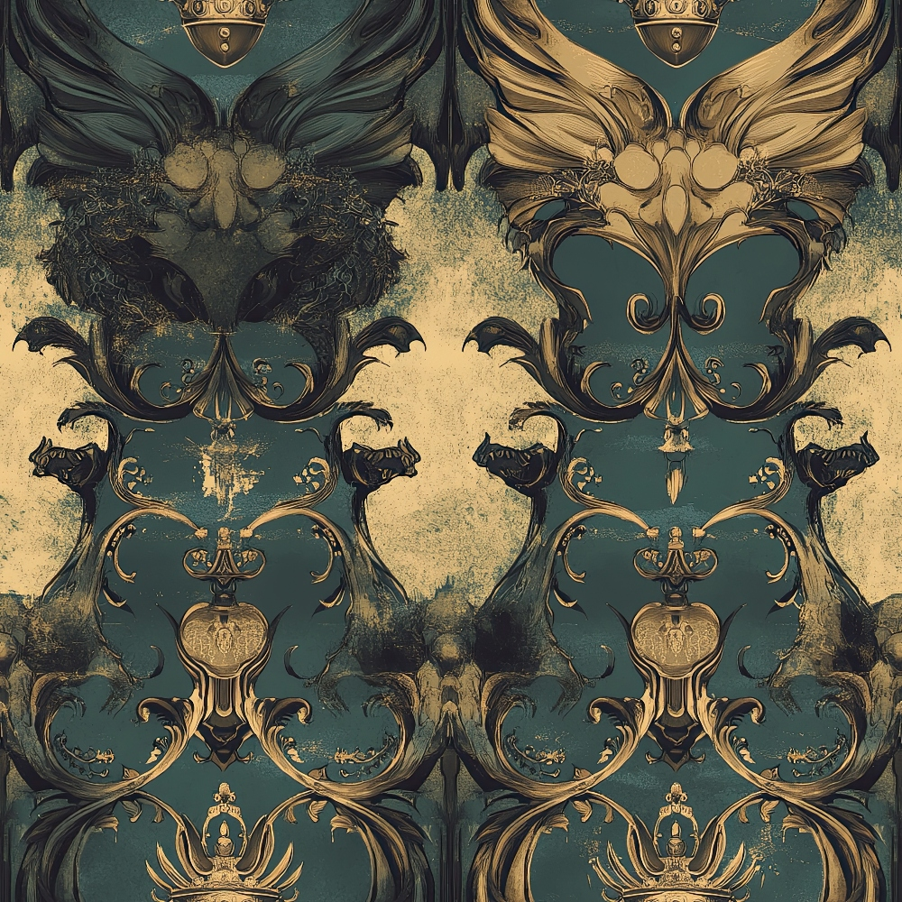 teal green, gold accents, baroque ornaments, winged motifs, heraldic shields, crowns, scrollwork, ornate flourishes, gothic elements, royal emblems, decorative swirls, vintage patina, symmetrical design, regal pattern,, fabric panel, medieval inspired, dramatic mood, antique finish, metallic highlights