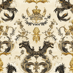 dragons, medieval heraldry, crown motifs, ornate scrollwork, beige background, black details, gold accents, mythical creatures, baroque pattern, symmetrical design, royal imagery, decorative flourishes, vintage style,, fabric panel, regal theme, intricate artwork, fantasy elements, ornamental design, heraldic beasts