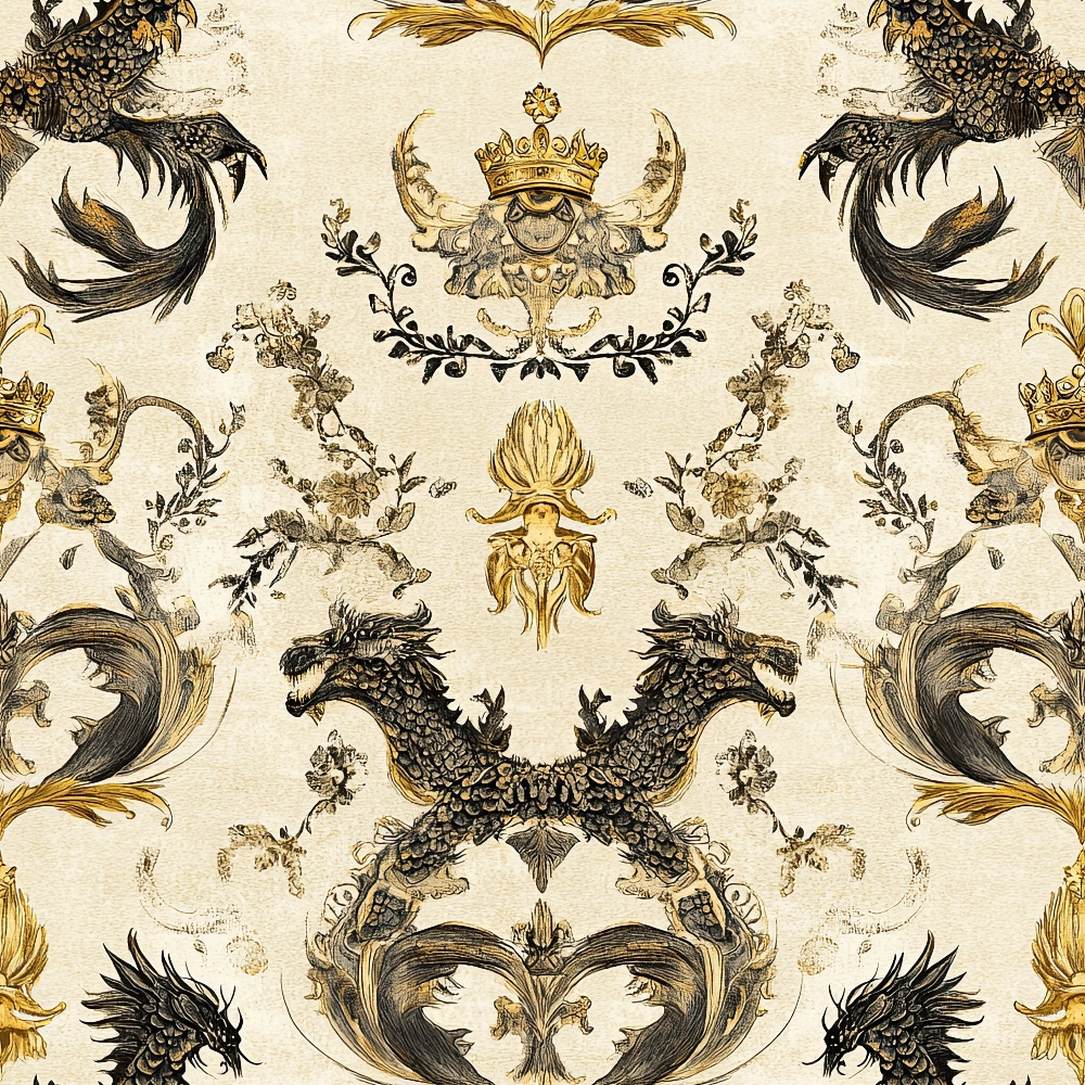 dragons, medieval heraldry, crown motifs, ornate scrollwork, beige background, black details, gold accents, mythical creatures, baroque pattern, symmetrical design, royal imagery, decorative flourishes, vintage style,, fabric panel, regal theme, intricate artwork, fantasy elements, ornamental design, heraldic beasts