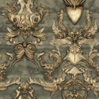 sage green, antique gold, bronze, ornate scrollwork, baroque flourishes, heraldic shields, decorative crests, dragon motifs, vintage ornaments, rococo style, gothic elements, medieval inspired,, fabric panel, elaborate swirls, royal emblems, weathered texture, fantasy themed, renaissance pattern, luxurious detailing