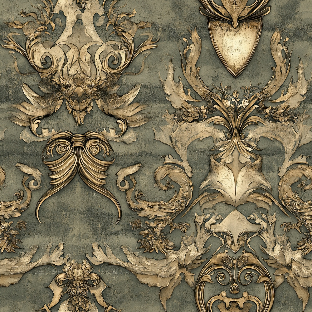 sage green, antique gold, bronze, ornate scrollwork, baroque flourishes, heraldic shields, decorative crests, dragon motifs, vintage ornaments, rococo style, gothic elements, medieval inspired,, fabric panel, elaborate swirls, royal emblems, weathered texture, fantasy themed, renaissance pattern, luxurious detailing