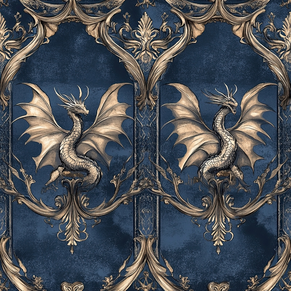 navy blue, gold, bronze, dragons, winged creatures, ornate scrollwork, baroque pattern, decorative flourishes, mythical beasts, symmetrical design, regal motifs,, fabric panel, fantasy theme, intricate detailing, royal aesthetic, damask style, reptilian scales, medieval inspired, luxurious pattern