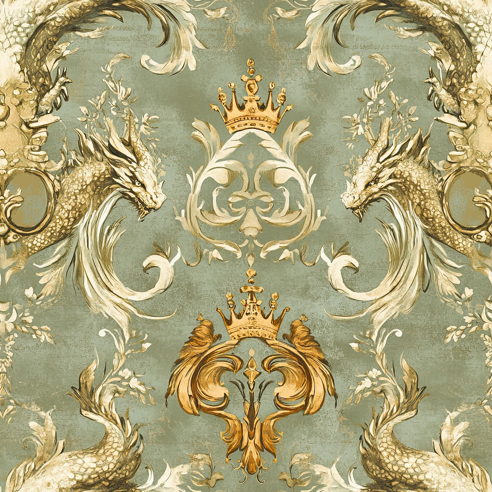 sage green, gold, cream, baroque pattern, dragons, ornate scrollwork, crowns, royal motifs, symmetrical design, decorative flourishes, regal theme, fantasy creatures,, fabric panel, ornamental style, luxurious aesthetic, medieval inspired, heraldic elements, elegant swirls