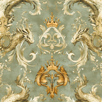 sage green, gold, cream, baroque pattern, dragons, ornate scrollwork, crowns, royal motifs, symmetrical design, decorative flourishes, regal theme, fantasy creatures,, fabric panel, ornamental style, luxurious aesthetic, medieval inspired, heraldic elements, elegant swirls