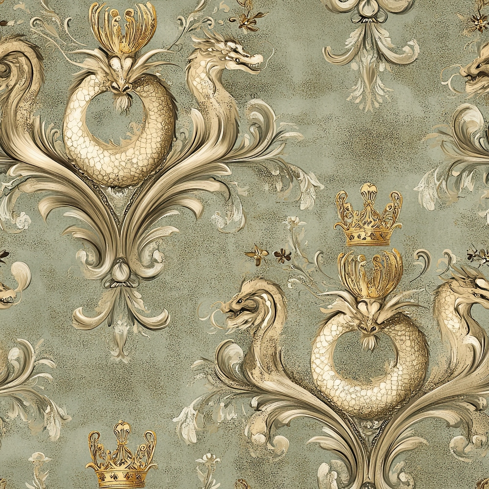sage green, gold accents, baroque pattern, ornate dragons, royal crowns, scrollwork, damask motif, serpentine creatures, decorative flourishes, regal design, medieval fantasy,, fabric panel, elegant ornamental, cream details, vintage style, mythical beasts, aristocratic theme, luxurious pattern