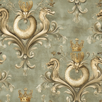 sage green, gold accents, baroque pattern, ornate dragons, royal crowns, scrollwork, damask motif, serpentine creatures, decorative flourishes, regal design, medieval fantasy,, fabric panel, elegant ornamental, cream details, vintage style, mythical beasts, aristocratic theme, luxurious pattern