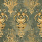 sage green, gold, ornate damask, dragon motifs, baroque style, regal pattern, antiqued finish, decorative scrollwork, heraldic design, gothic elements, vintage aesthetic,, fabric panel, crown details, mythical creatures, ornamental flourishes, distressed texture, royal theme, medieval inspired