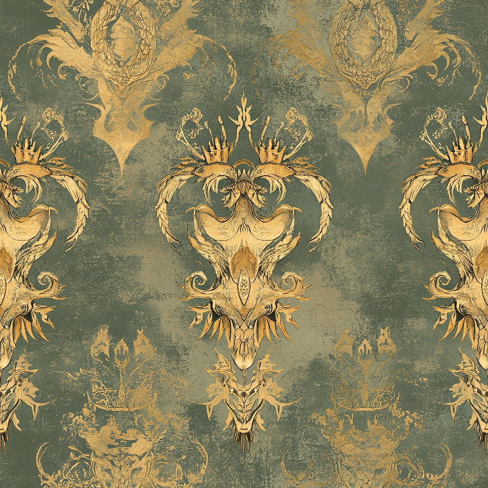 sage green, gold, ornate damask, dragon motifs, baroque style, regal pattern, antiqued finish, decorative scrollwork, heraldic design, gothic elements, vintage aesthetic,, fabric panel, crown details, mythical creatures, ornamental flourishes, distressed texture, royal theme, medieval inspired